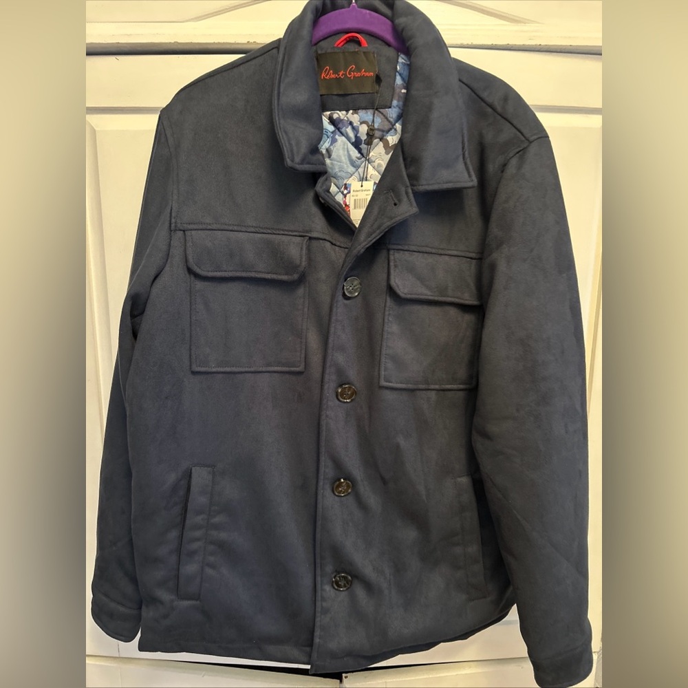 NWT Robert Graham Navy Vegan Suede Utility Quilted Lined Trucker Jacket LARGE